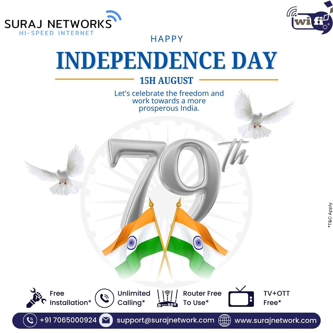 🇮🇳 HAPPY INDEPENDENCE DAY 🇮🇳
15th August
“Let’s celebrate the freedom and work towards a more prosperous India.”
Stay connected to your nation, your dreams, and your loved ones — with fast & reliable broadband from Suraj Networks.
✅ Fast Speeds
✅ Unlimited Data
✅ 24/7 Service
✅ Free Installation & Router
✅ OTT + Live TV
📞 Book your connection today and be part of a connected India!
📍 Contact Us:
🏢 E-40, Sector-23, Sanjay Nagar, Ghaziabad, UP – 201002
📞 +91 7065000924 | +91 9868220872
📧 support@surajnetwork.com
🌐 www.surajnetwork.com
#IndependenceDay #15August #JaiHind #SurajNetworks #StayConnected #UnlimitedInternet #FiberBroadband #OTTIncluded #LiveTV #RouterFree #FreeInstallation #ConnectedIndia