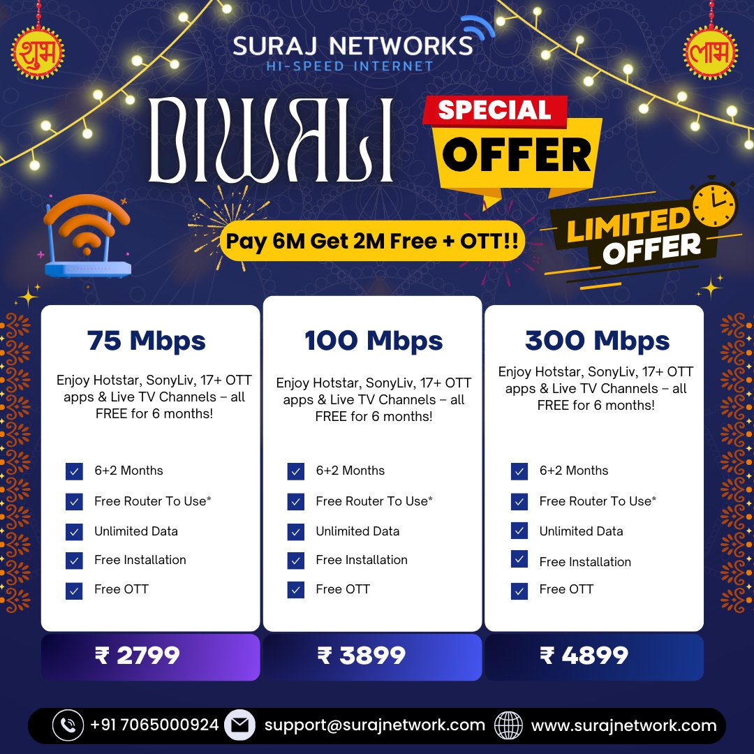 🎇✨ DIWALI SPECIAL OFFER ✨🎇
💥 Pay 6 Months & Get 2 Months FREE + OTT!! 💥
🔥 LIMITED TIME ONLY 🔥

⸻

⚡ 75 Mbps – ₹2799
🎬 Hotstar, SonyLiv, 17+ OTT Apps & Live TV – FREE for 6 Months!
✅ 6+2 Months Validity
✅ Free Router To Use*
✅ Unlimited Data
✅ Free Installation
✅ Free OTT

⚡ 100 Mbps – ₹3899
🎬 Hotstar, SonyLiv, 17+ OTT Apps & Live TV – FREE for 6 Months!
✅ 6+2 Months Validity
✅ Free Router To Use*
✅ Unlimited Data
✅ Free Installation
✅ Free OTT

⚡ 300 Mbps – ₹4899
🎬 Hotstar, SonyLiv, 17+ OTT Apps & Live TV – FREE for 6 Months!
✅ 6+2 Months Validity
✅ Free Router To Use*
✅ Unlimited Data
✅ Free Installation
✅ Free OTT

⸻

📞 +91 7065000924
📧 support@surajnetwork.com
🌍 www.surajnetwork.com

✨ This Diwali, Light Up Your Internet with Suraj Networks! ✨

⸻

🔖 Hashtags for Insta:
#DiwaliOffer #SurajNetworks #HighSpeedInternet #OTTFree #Broadband #UnlimitedInternet #DiwaliSpecial